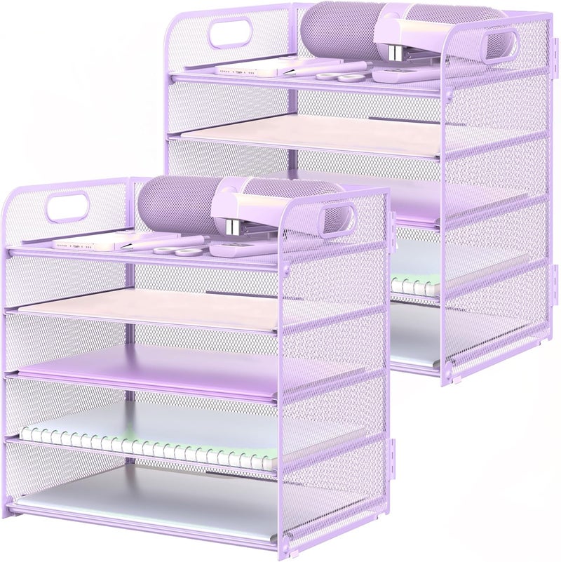 2 Pack Letter Tray Paper Organizer 5-Tier Desk Organizer File Organizer Paper Holder with Handle, Metal Desktop Document Shelf Tray Office Classroom Organization - Purple